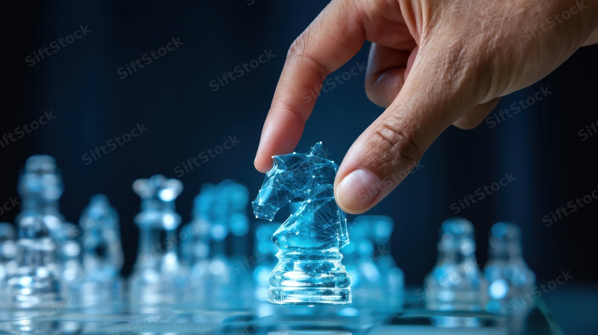 Hand moving a transparent digital knight chess piece on a futuristic board