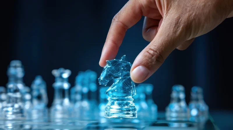 Hand moving a transparent digital knight chess piece on a futuristic board