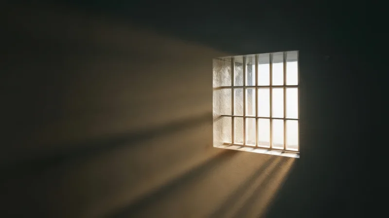 Barred window in a prison cell casting light and shadows on the wall