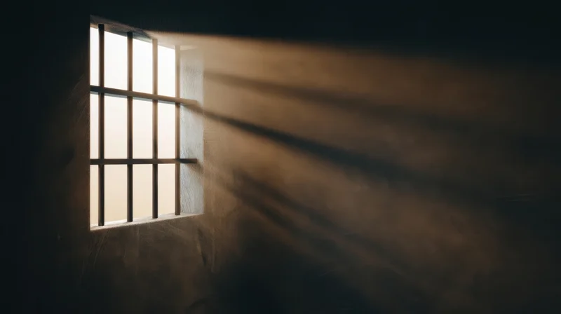 Sunlight streaming through a barred window in a dim prison cell