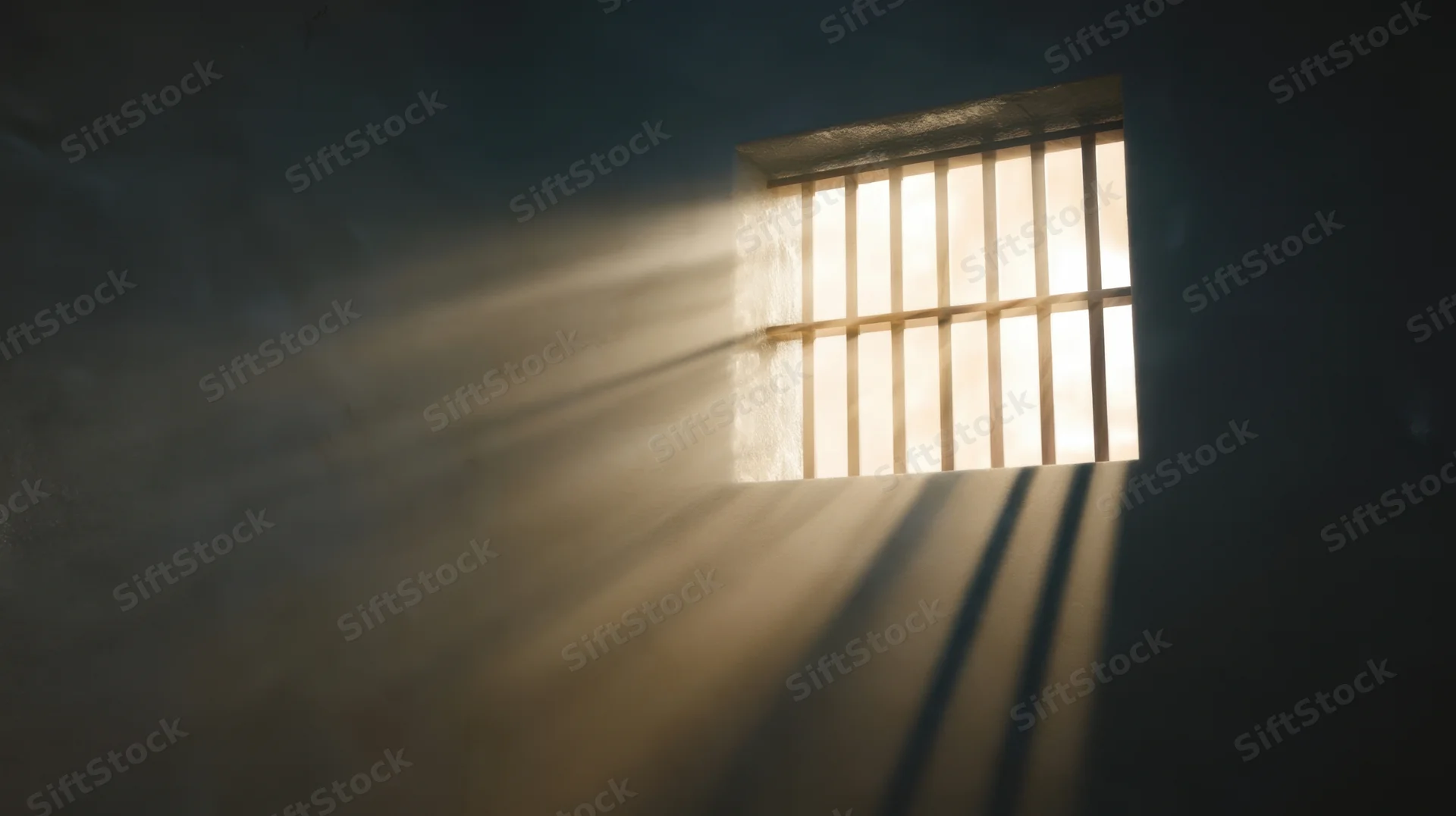Sunlight streaming through barred window in dim prison cell