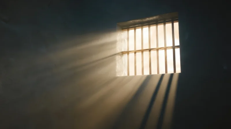 Sunlight streaming through barred window in dim prison cell