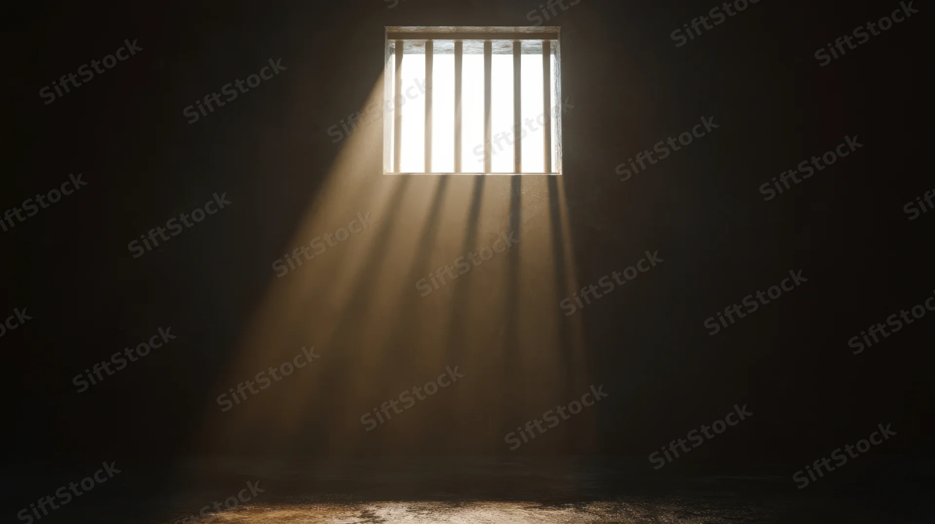 Light streaming through barred window in dark prison cell