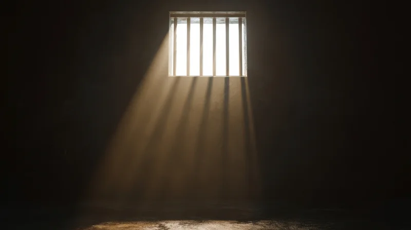 Light streaming through barred window in dark prison cell