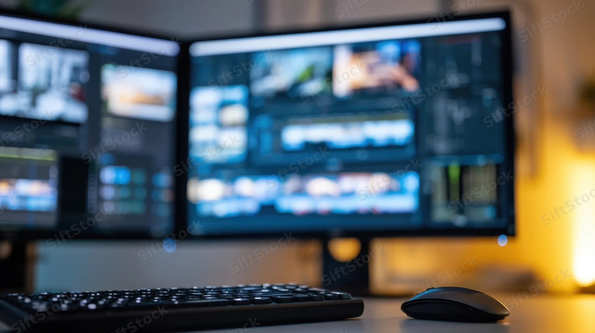 Dual computer monitors displaying video editing interface on a desk with keyboard and mouse