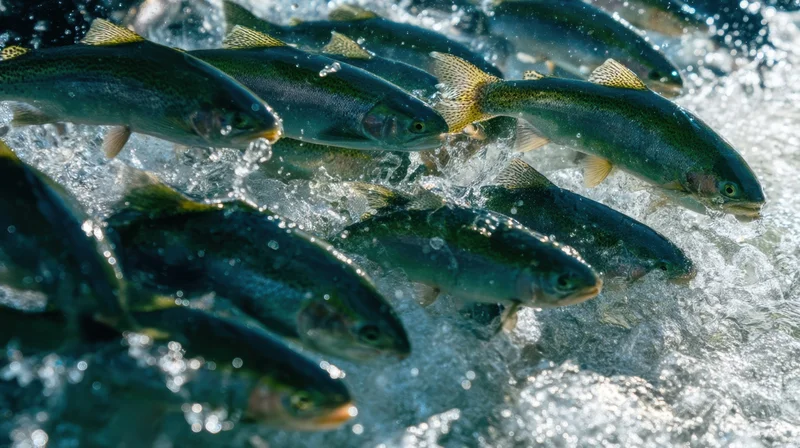 School of salmon swimming upstream in a rushing river