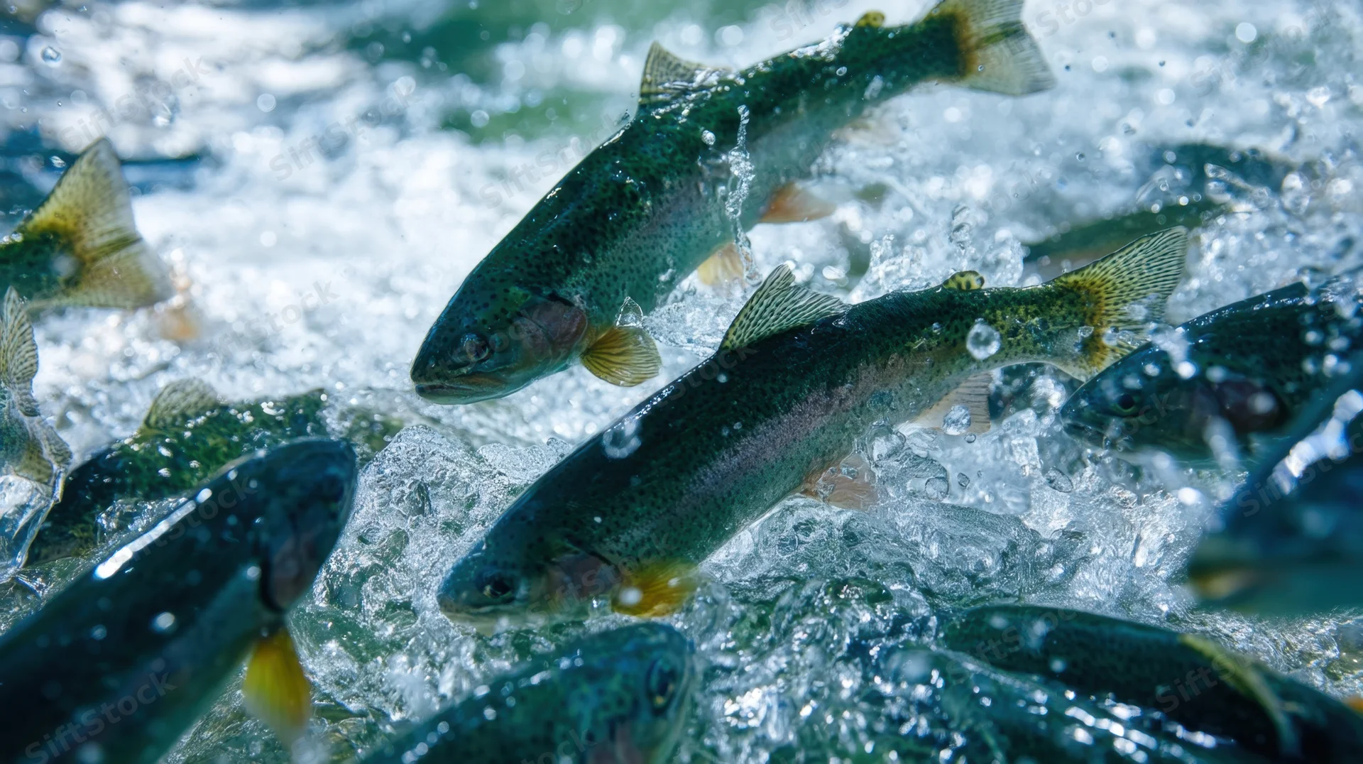 Trout swimming in turbulent water with splashes and bubbles in a river