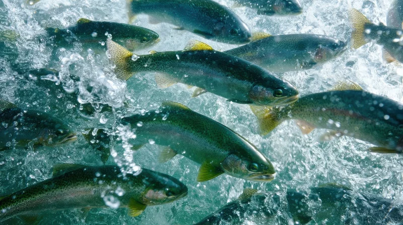 School of trout swimming in fast-moving freshwater river with bubbles and ripples