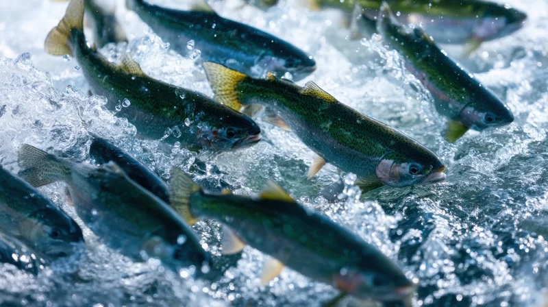 Trout swimming in fast-moving river water with splashing ripples and bubbles