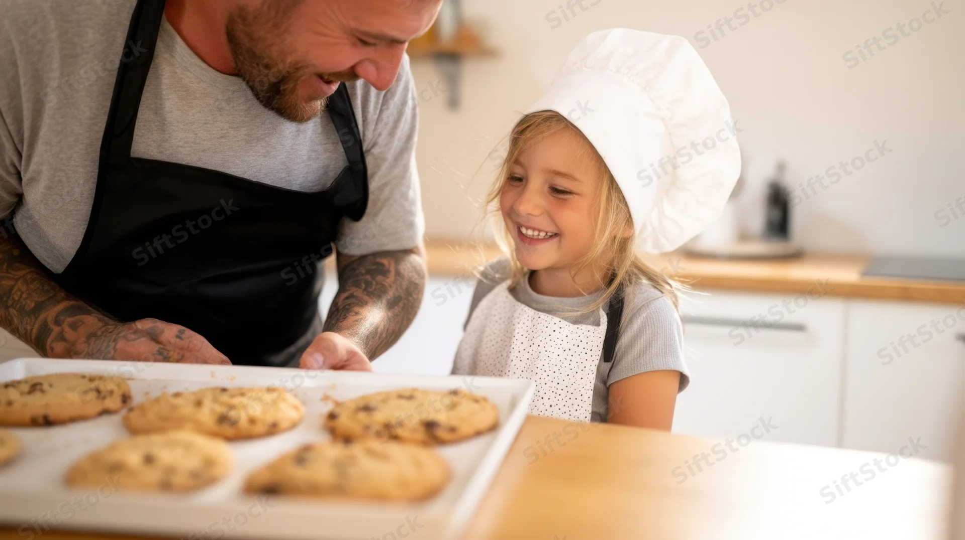 Father and daughter baking chocolate chip cookies together in kitchen