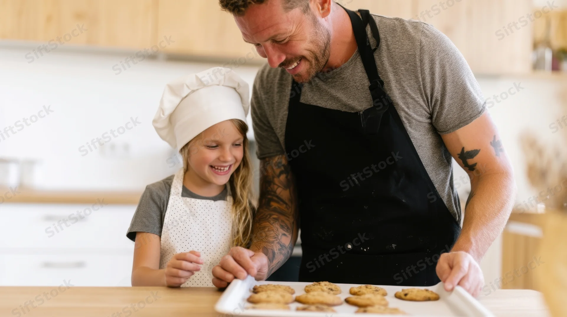 Father and daughter baking cookies together in kitchen