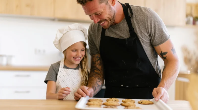 Father and daughter baking cookies together in kitchen