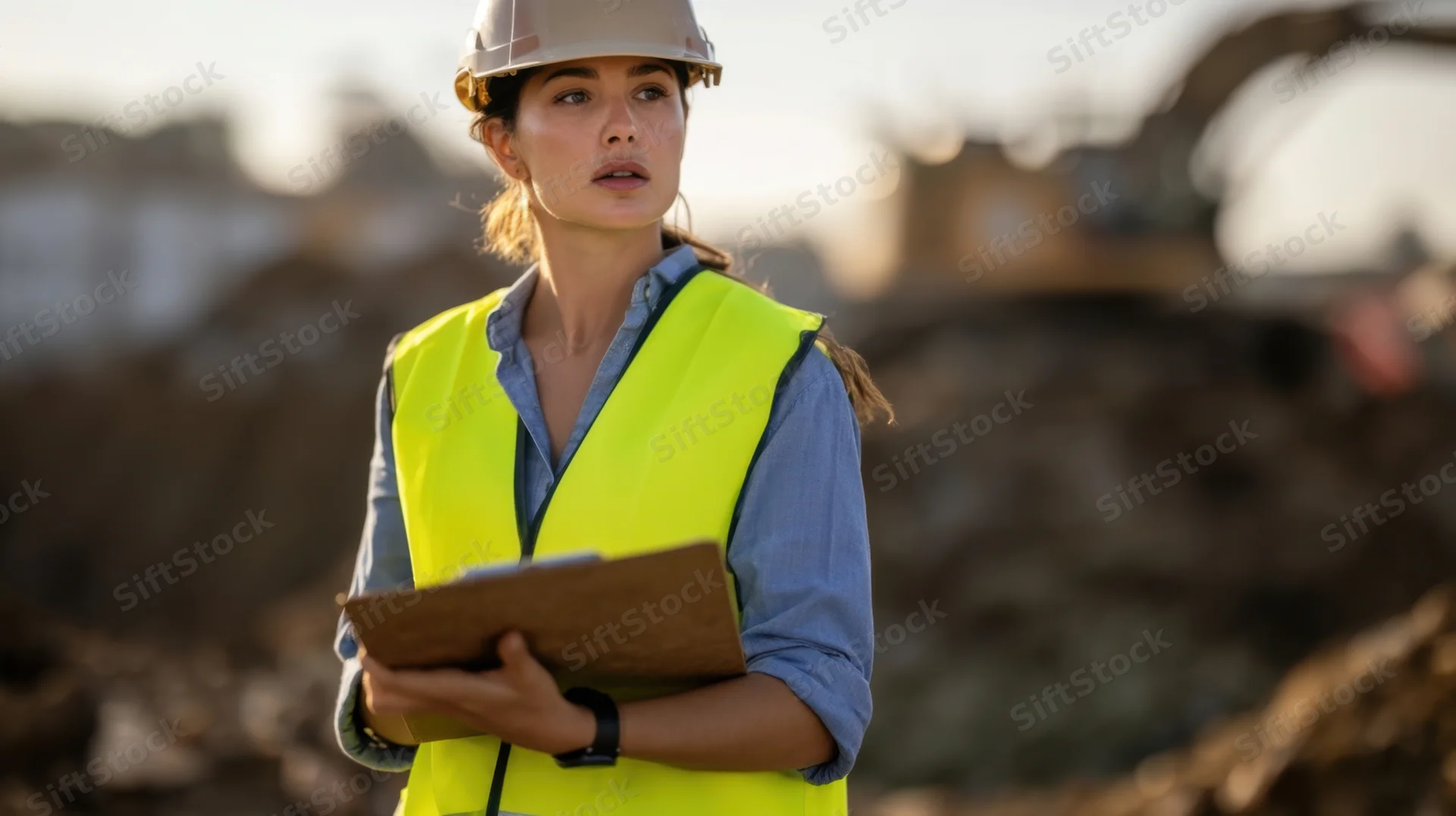 Woman in safety gear holding clipboard on construction site