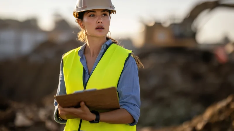 Woman in safety gear holding clipboard on construction site