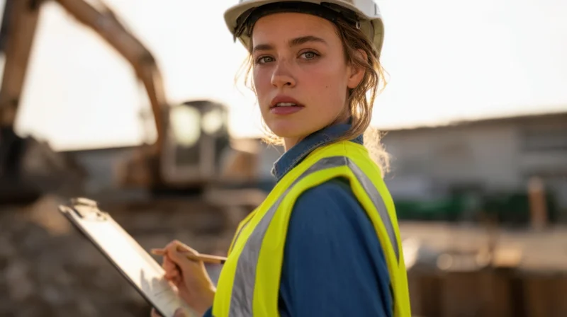 Woman in safety helmet and vest holding clipboard on construction site
