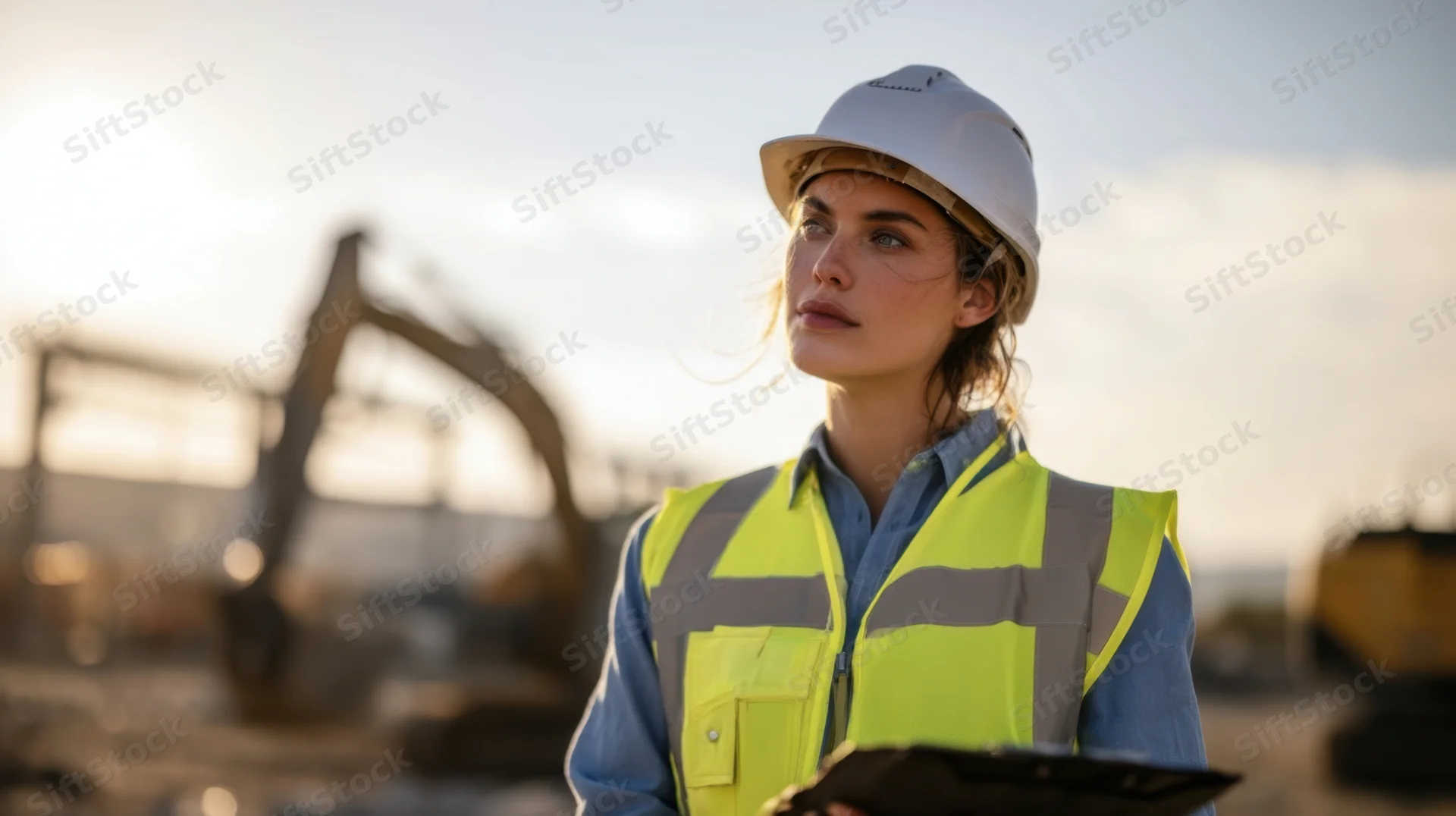 Woman in safety helmet and yellow vest holding clipboard on construction site