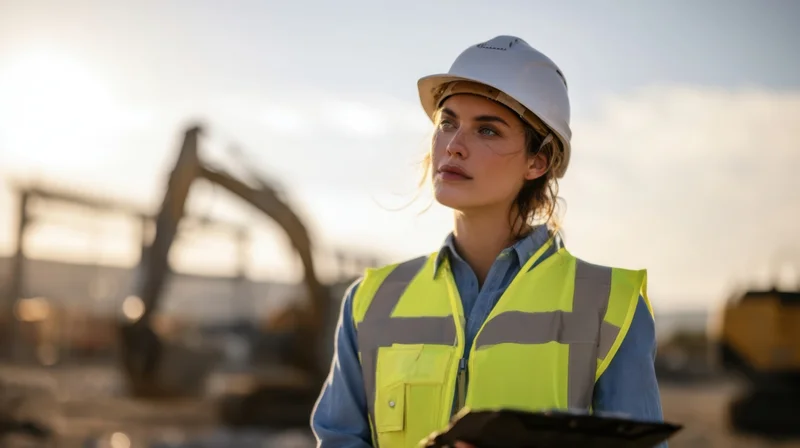 Woman in safety helmet and yellow vest holding clipboard on construction site