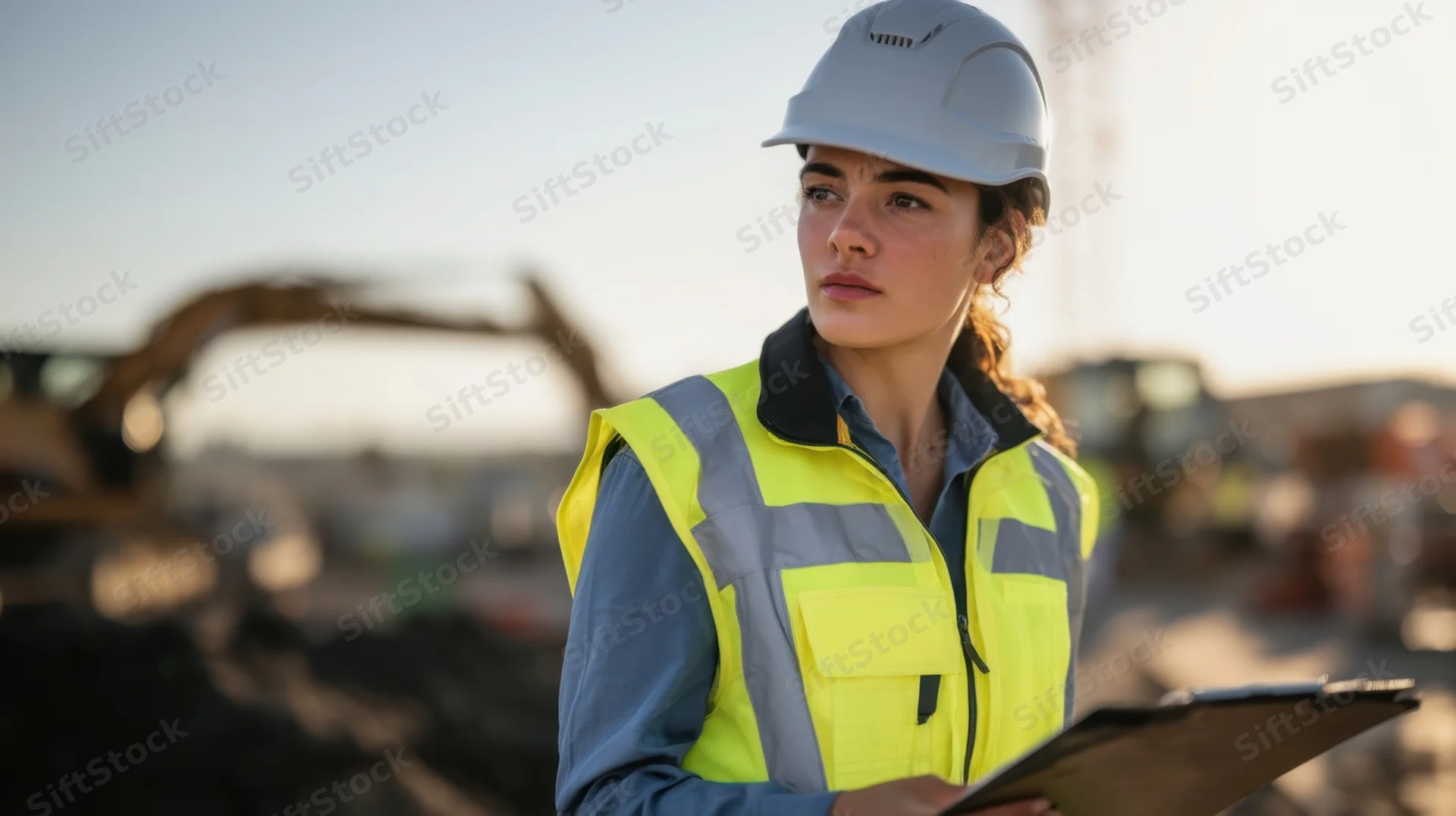Woman in safety helmet and high-visibility vest holding clipboard on construction site