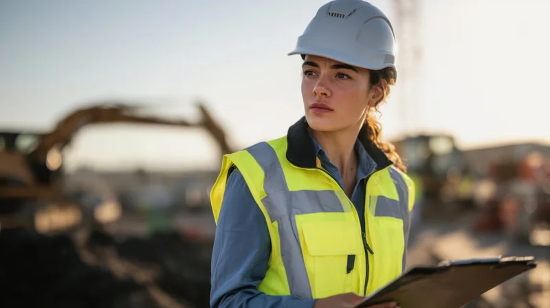 Woman in safety helmet and high-visibility vest holding clipboard on construction site