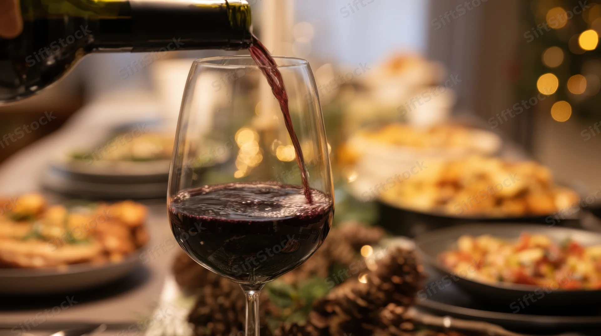 Red wine being poured into a glass at a festive holiday dinner table with food and decorations