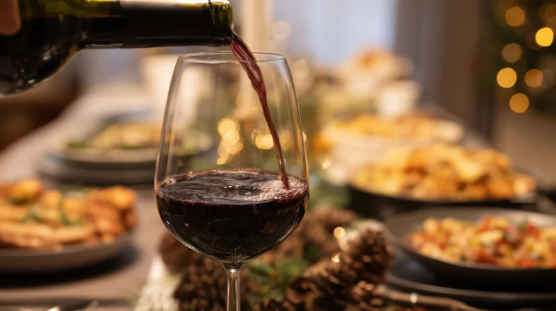 Red wine being poured into a glass at a festive holiday dinner table with food and decorations