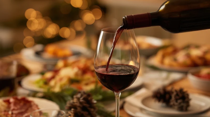 Red wine being poured into a glass at a festive dinner table with holiday decorations and food
