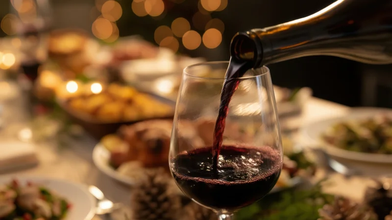 Red wine being poured into a glass at a festive dinner table with holiday decorations and food