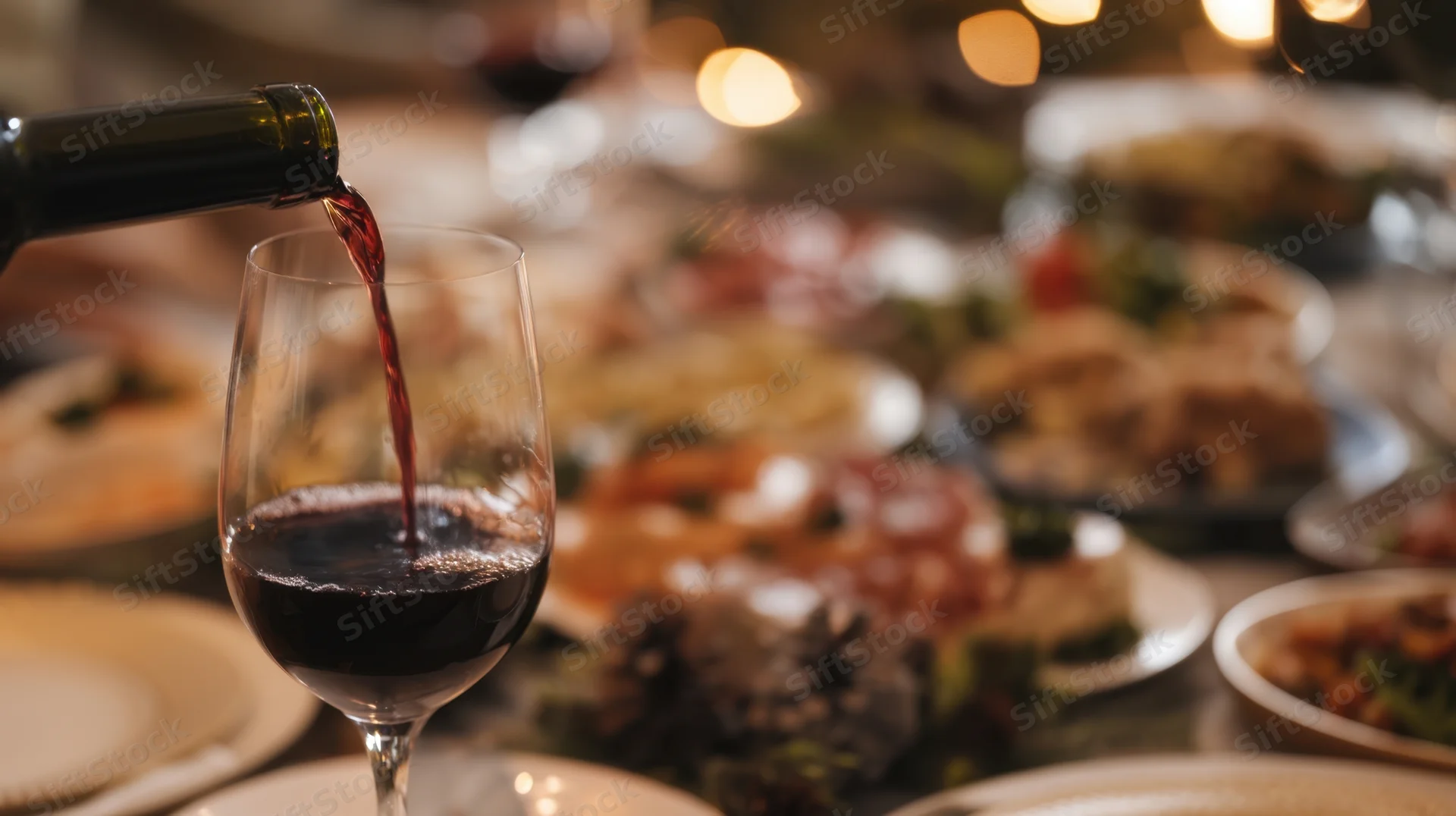 Red wine being poured into a glass at a festive dinner table with food and decorations