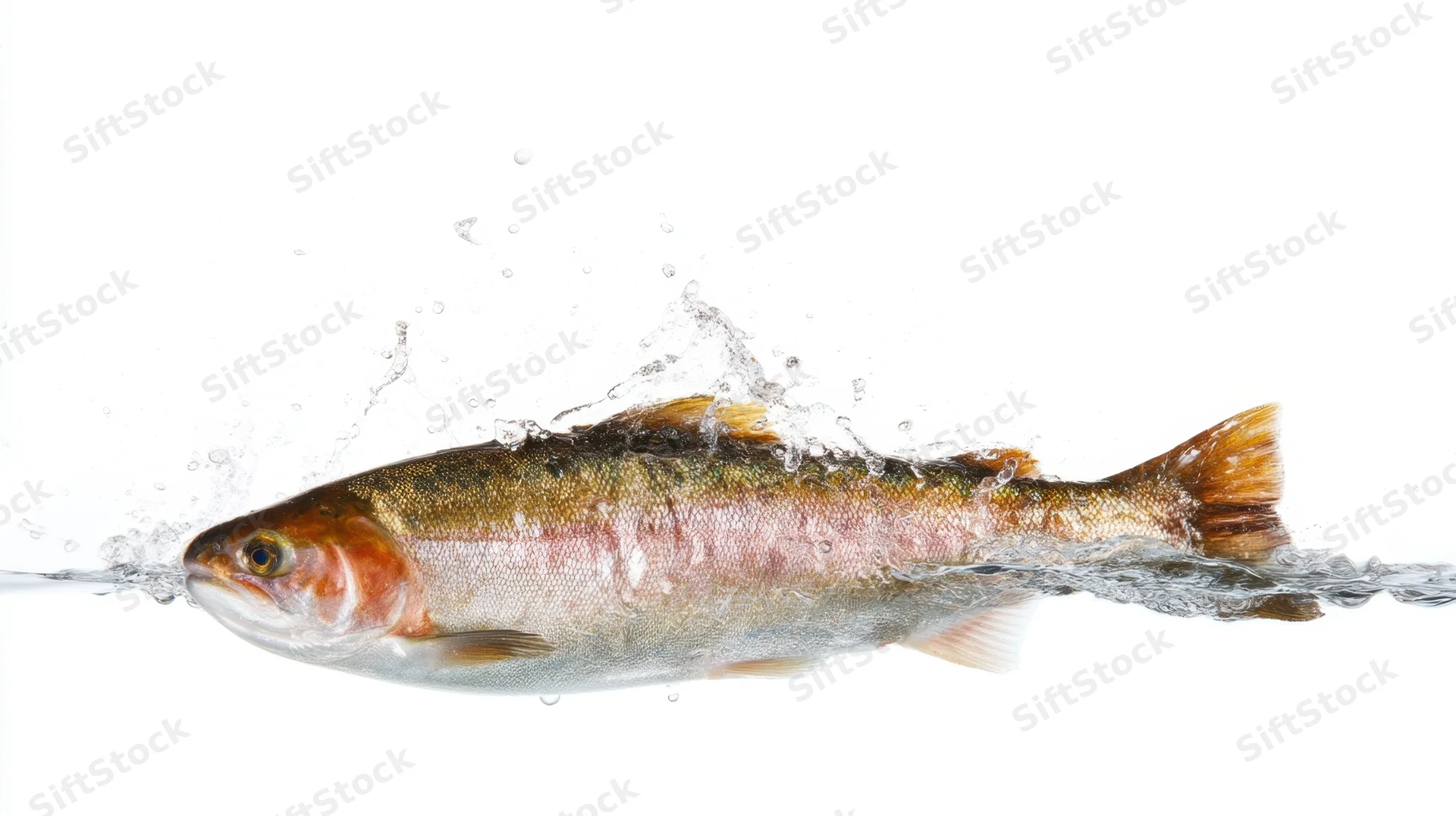 Salmon leaping out of water with splash against white background