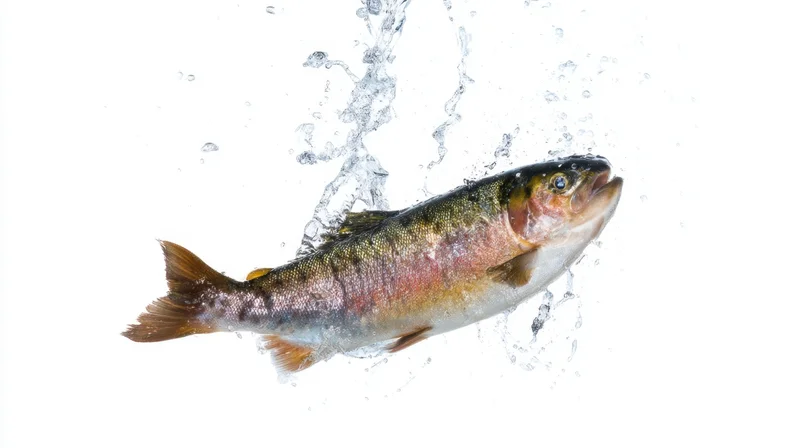 Trout jumping out of water with splash against white background