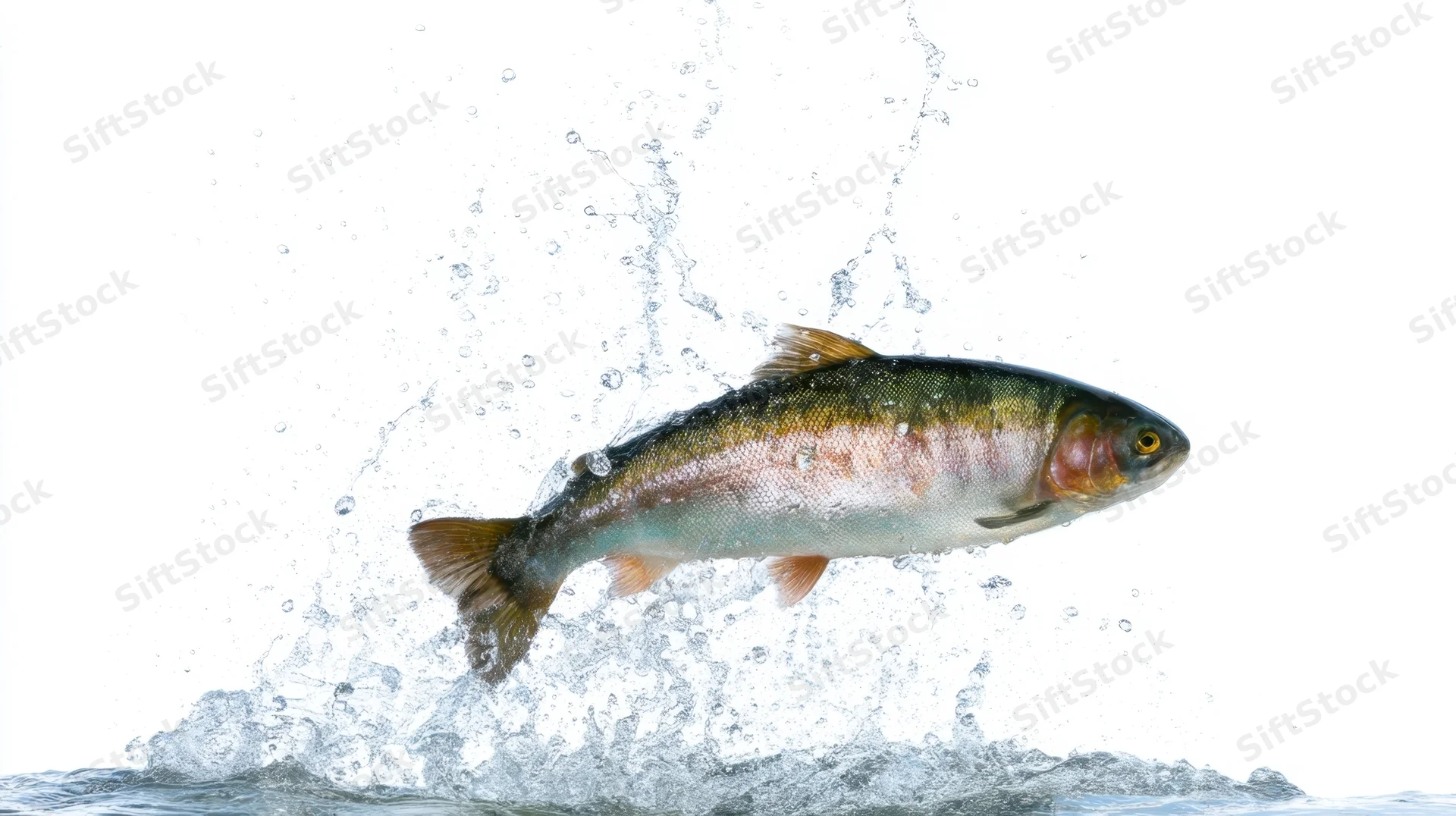 Trout leaping out of water with splash against white background