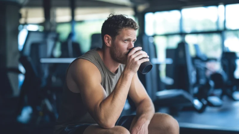 Young man drinking water while sitting in a gym after a workout
