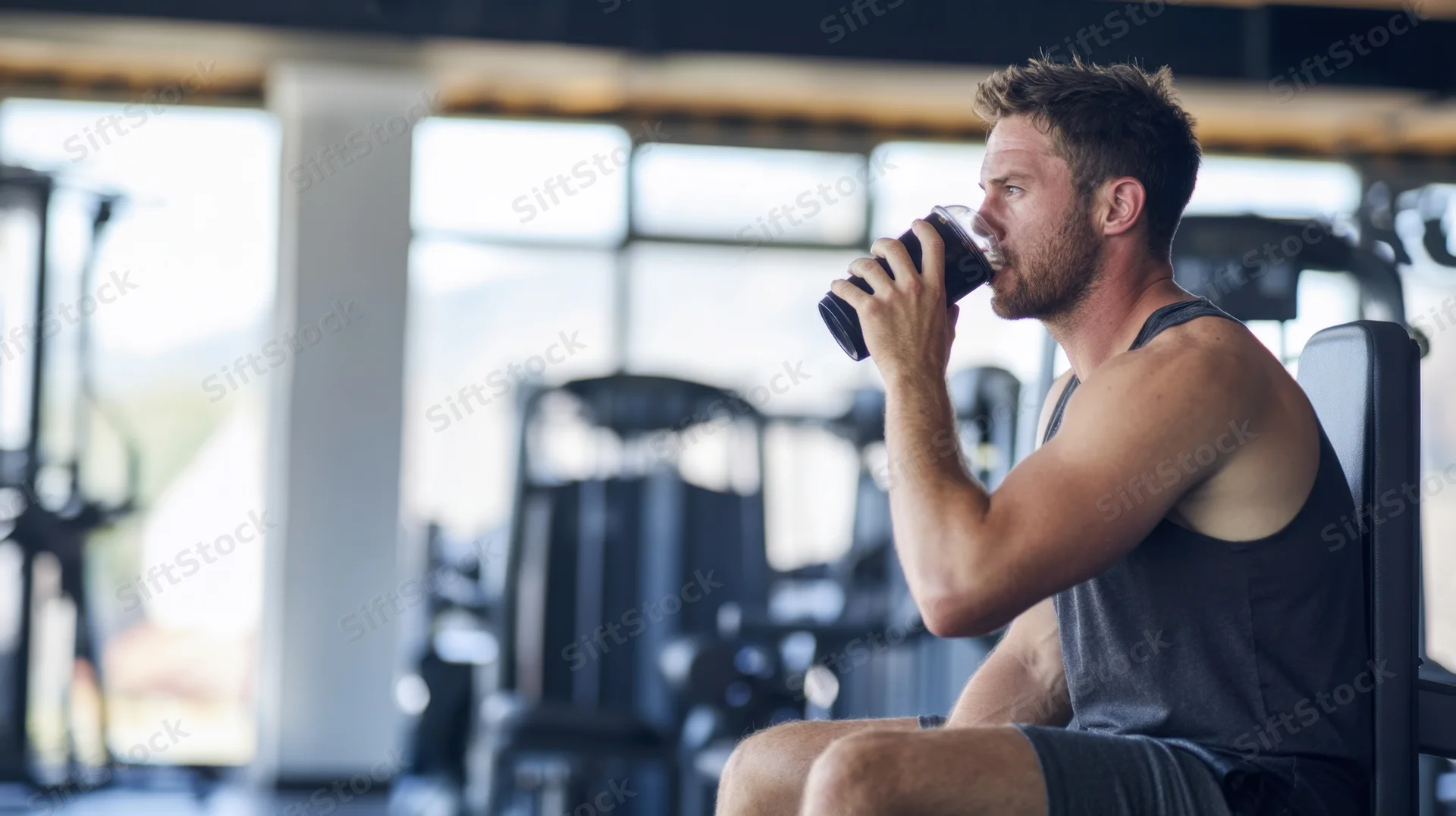 Young man drinking protein shake while seated in gym after workout