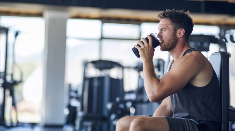 Young man drinking protein shake while seated in gym after workout