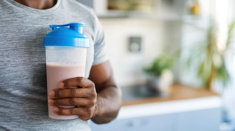 Man holding a protein shake bottle in a kitchen after workout