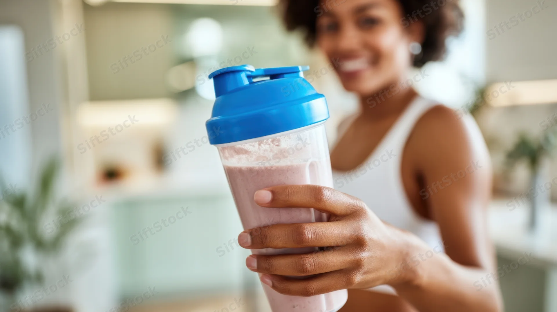 Woman holding a pink smoothie in a blue-lidded bottle in a kitchen