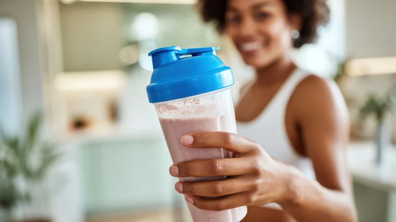 Woman holding a pink smoothie in a blue-lidded bottle in a kitchen