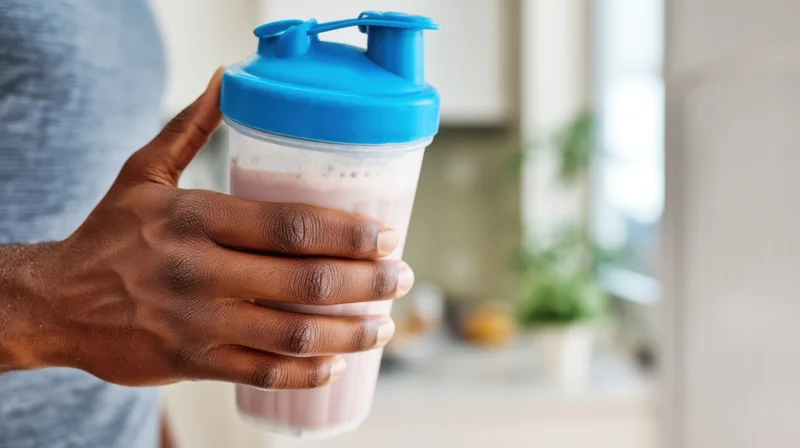 Man holding a blue-lidded protein shaker filled with pink smoothie in a kitchen