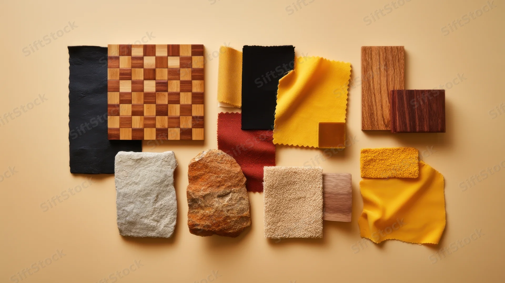 Flat lay of material samples arranged on a neutral surface for design selection
