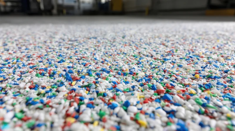 Colorful plastic granules spread across a factory floor