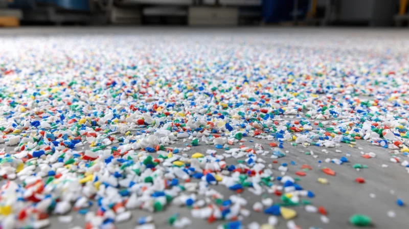 Colorful plastic pellets scattered across a factory floor