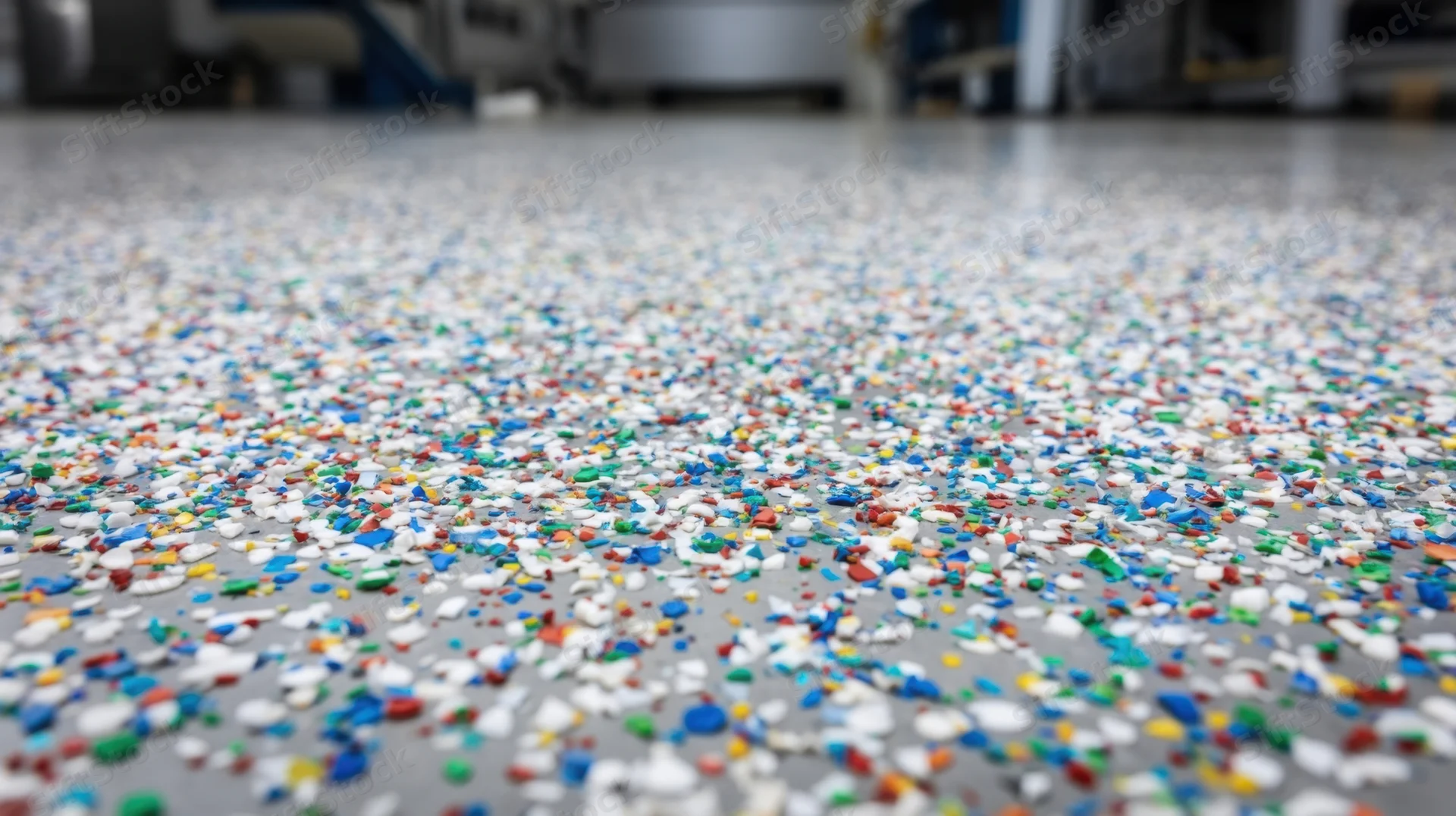 Colorful plastic pellets scattered across a factory floor