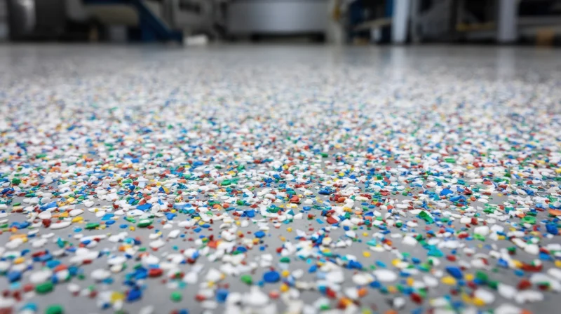 Colorful plastic pellets scattered across a factory floor