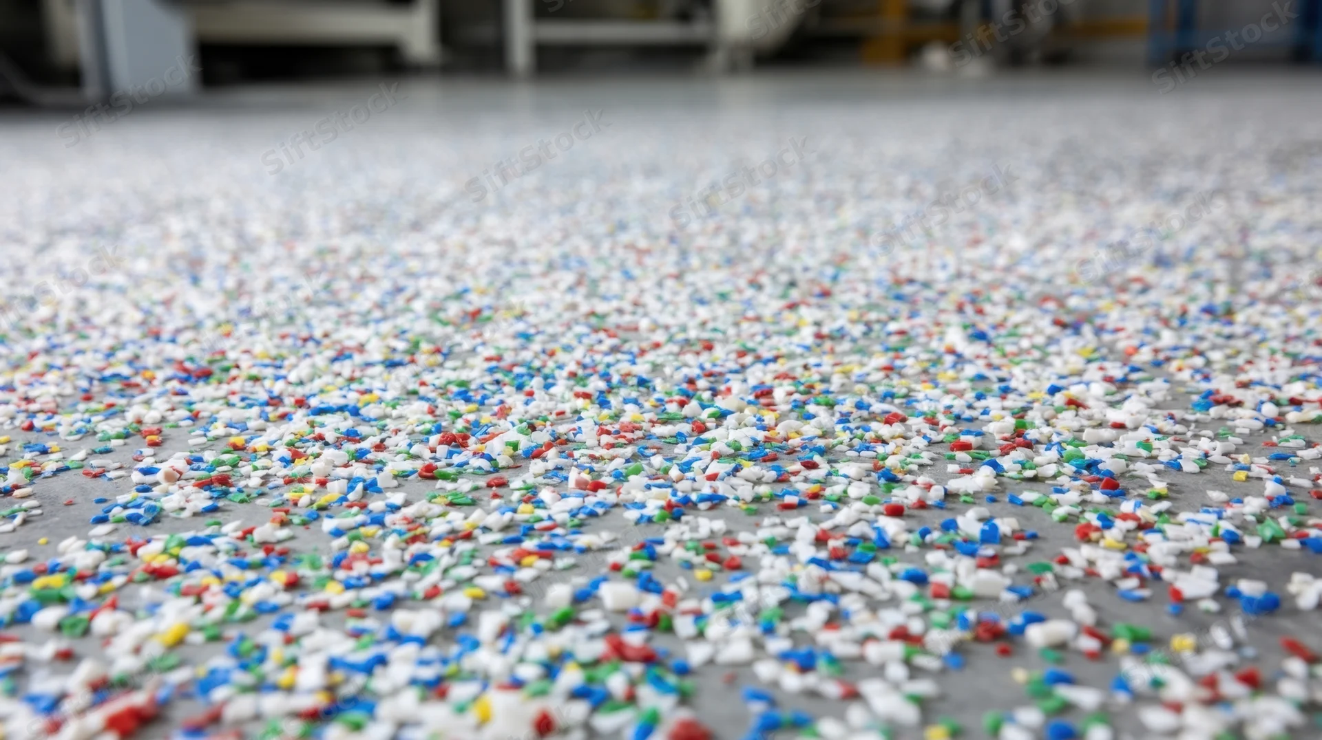 Colorful plastic pellets scattered across a factory floor