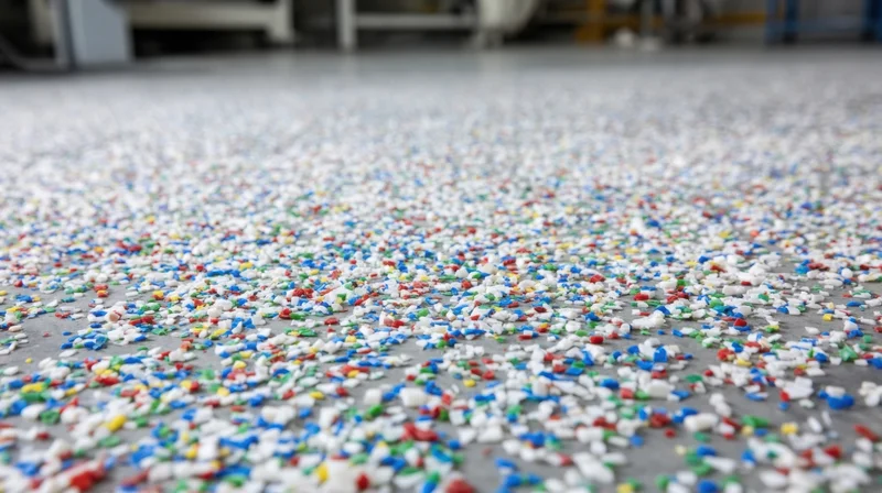 Colorful plastic pellets scattered across a factory floor