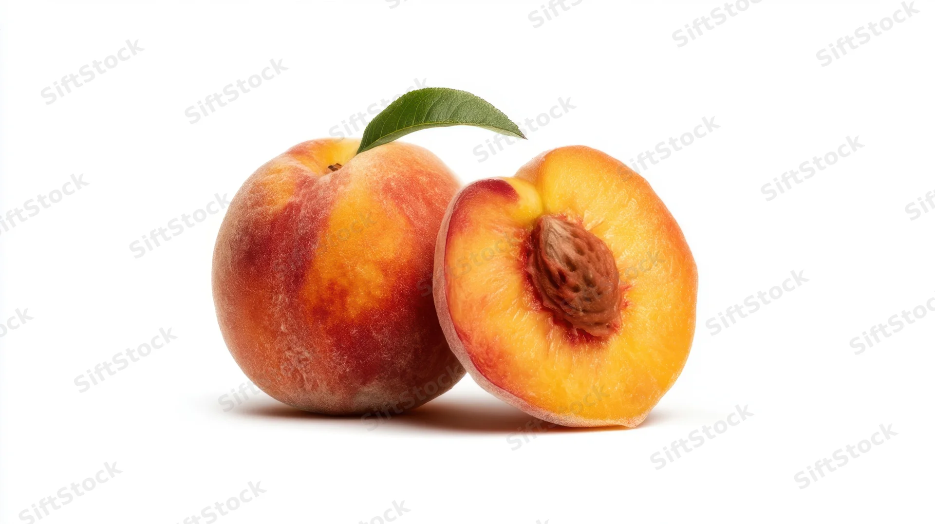 Whole and sliced peach with leaf on white background