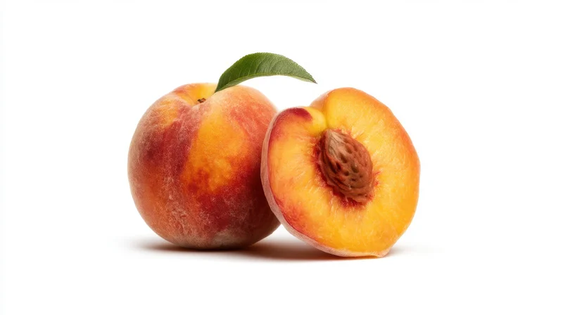 Whole and sliced peach with leaf on white background
