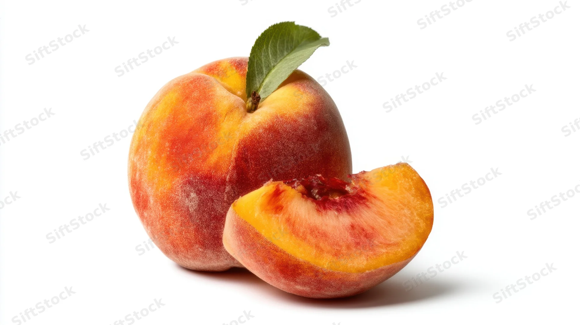 Whole and sliced peach with leaf on white background