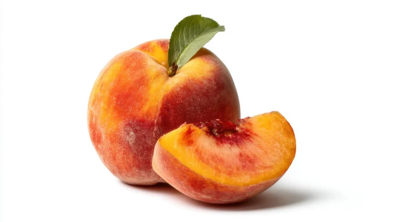 Whole and sliced peach with leaf on white background