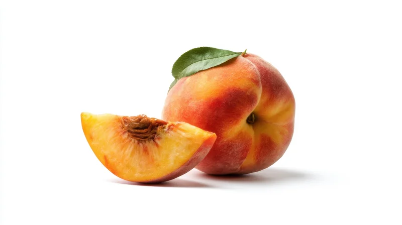Whole peach with a slice and leaf on white background